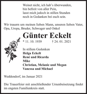 Traueranzeige von Günter Eckelt  von Magdeburger Volksstimme