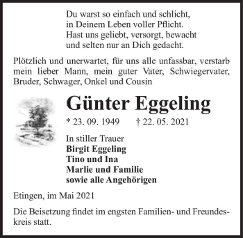 Traueranzeige von Günter Eggeling  von Magdeburger Volksstimme