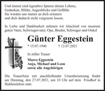 Traueranzeige von Günter Eggestein  von Magdeburger Volksstimme