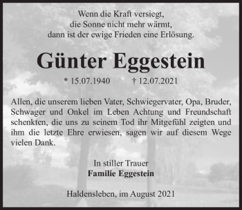 Traueranzeige von Günter Eggestein  von Magdeburger Volksstimme
