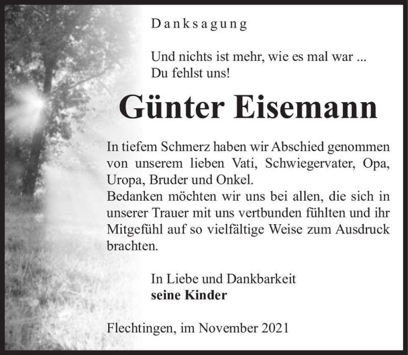  Traueranzeige für Günter Eisemann  vom 20.11.2021 aus Magdeburger Volksstimme