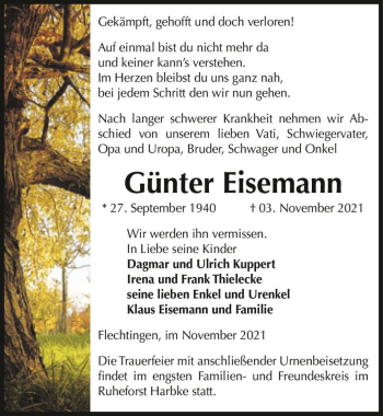 Traueranzeige von Günter Eisemann  von Magdeburger Volksstimme