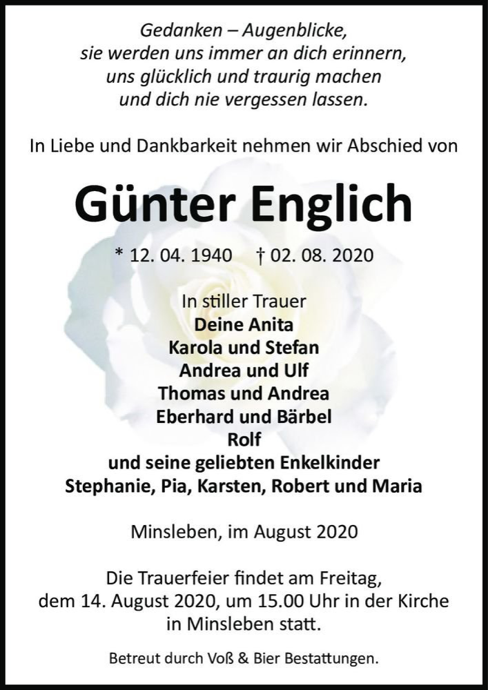  Traueranzeige für Günter Englich  vom 08.08.2020 aus Magdeburger Volksstimme