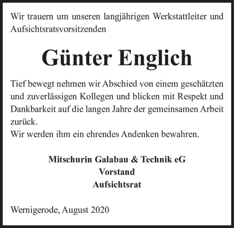  Traueranzeige für Günter Englich  vom 15.08.2020 aus Magdeburger Volksstimme