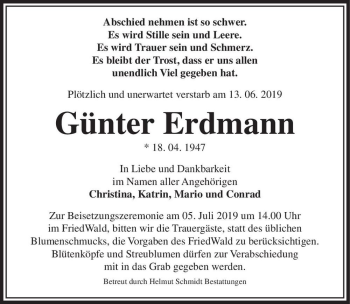 Traueranzeige von Günter Erdmann  von Magdeburger Volksstimme
