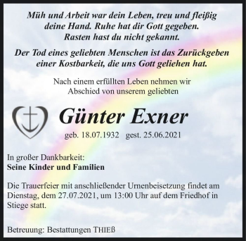 Traueranzeige von Günter Exner  von Magdeburger Volksstimme