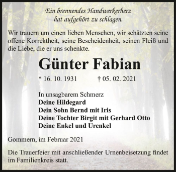 Traueranzeige von Günter Fabian  von Magdeburger Volksstimme