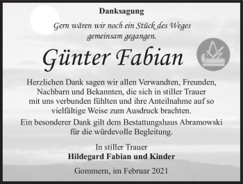 Traueranzeige von Günter Fabian  von Magdeburger Volksstimme