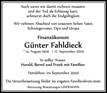 Traueranzeige von Günter Fahldieck  von Magdeburger Volksstimme