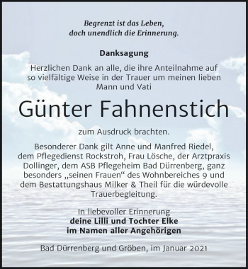Traueranzeige von Günter Fahnenstich  von Magdeburger Volksstimme