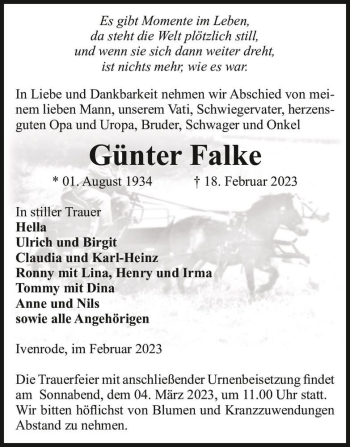 Traueranzeige von Günter Falke  von Magdeburger Volksstimme