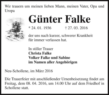 Traueranzeige von Günter Falke  von Magdeburger Volksstimme