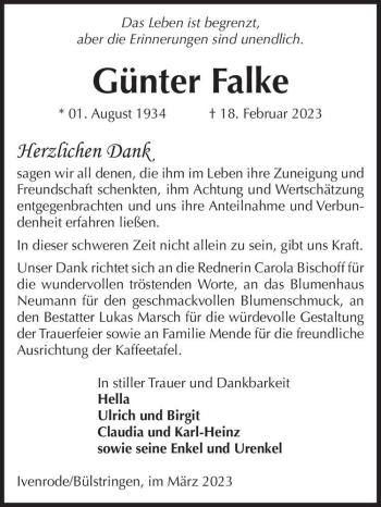 Traueranzeige von Günter Falke  von Magdeburger Volksstimme