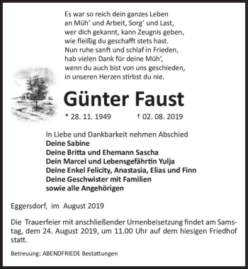 Traueranzeige von Günter Faust  von Magdeburger Volksstimme