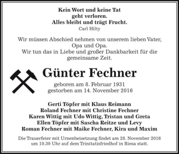 Traueranzeige von Günter Fechner  von Magdeburger Volksstimme