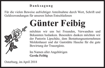 Traueranzeige von Günter Feibig  von Magdeburger Volksstimme