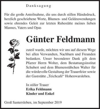 Traueranzeige von Günter Feldmann  von Magdeburger Volksstimme