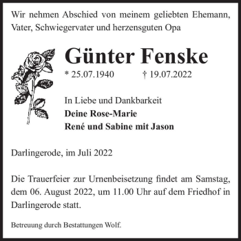 Traueranzeige von Günter Fenske  von Magdeburger Volksstimme