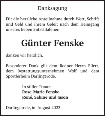 Traueranzeige von Günter Fenske  von Magdeburger Volksstimme