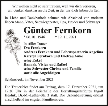 Traueranzeige von Günter Fernkorn  von Magdeburger Volksstimme