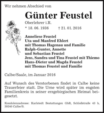 Traueranzeige von Günter Feustel  von Magdeburger Volksstimme