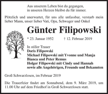 Traueranzeige von Günter Filipowski  von Magdeburger Volksstimme