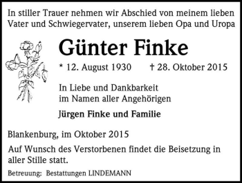 Traueranzeige von Günter Finke  von Magdeburger Volksstimme