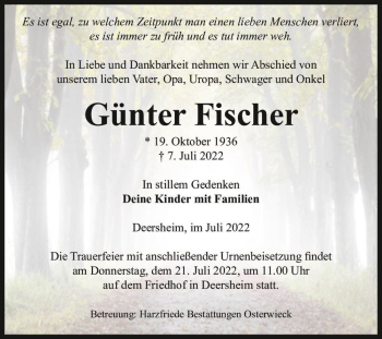 Traueranzeige von Günter Fischer  von Magdeburger Volksstimme