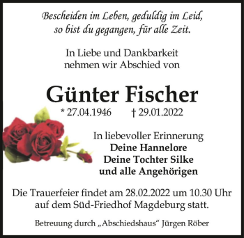 Traueranzeige von Günter Fischer  von Magdeburger Volksstimme