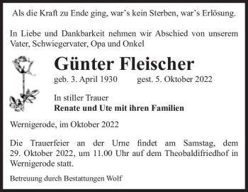 Traueranzeige von Günter Fleischer  von Magdeburger Volksstimme