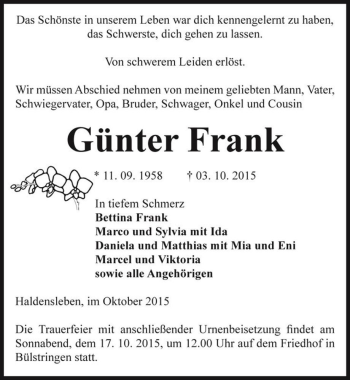 Traueranzeige von Günter Frank  von Magdeburger Volksstimme