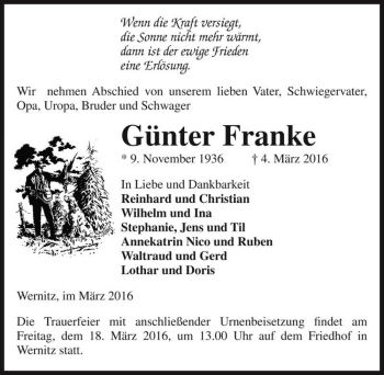 Traueranzeige von Günter Franke  von Magdeburger Volksstimme