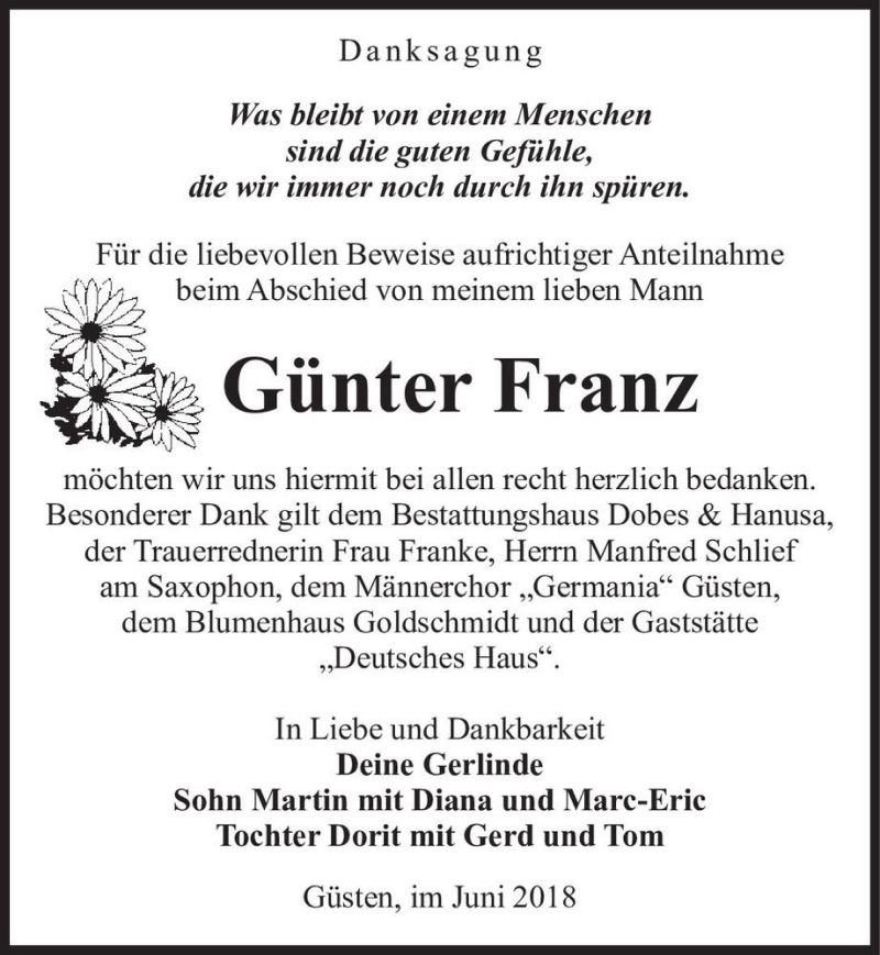  Traueranzeige für Günter Franz  vom 30.06.2018 aus Magdeburger Volksstimme