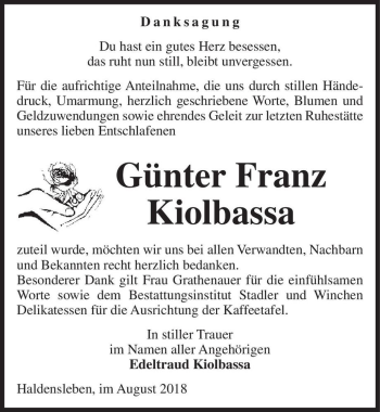 Traueranzeige von Günter Franz Kiolbassa  von Magdeburger Volksstimme