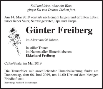 Traueranzeige von Günter Freiberg  von Magdeburger Volksstimme