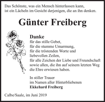 Traueranzeige von Günter Freiberg  von Magdeburger Volksstimme