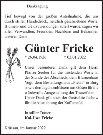 Traueranzeige von Günter Fricke  von Magdeburger Volksstimme