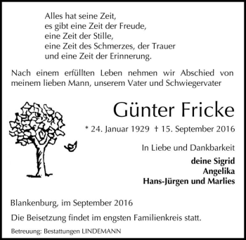 Traueranzeige von Günter Fricke  von Magdeburger Volksstimme