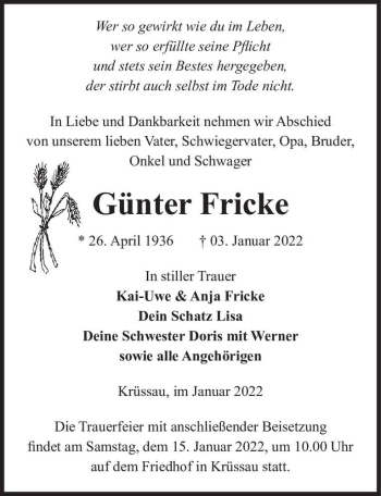 Traueranzeige von Günter Fricke  von Magdeburger Volksstimme