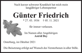 Traueranzeige von Günter Friedrich  von Magdeburger Volksstimme