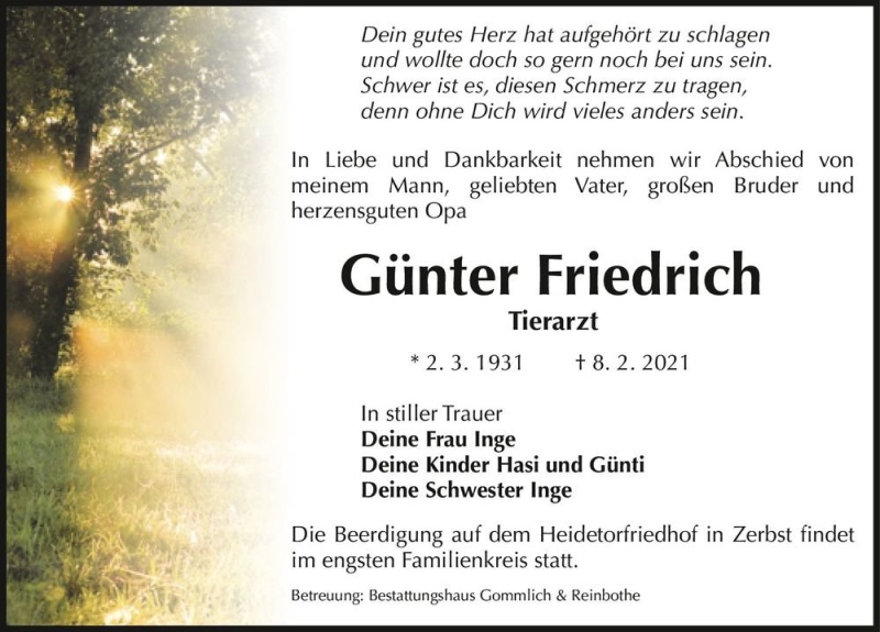  Traueranzeige für Günter Friedrich  vom 20.02.2021 aus Magdeburger Volksstimme