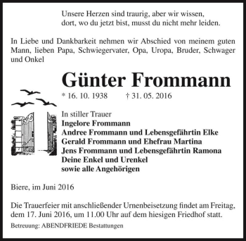 Traueranzeige von Günter Frommann  von Magdeburger Volksstimme