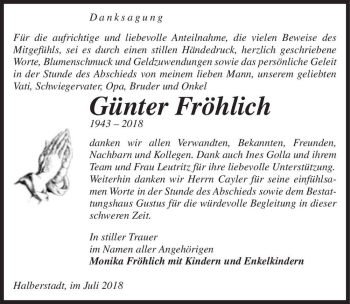 Traueranzeige von Günter Fröhlich  von Magdeburger Volksstimme
