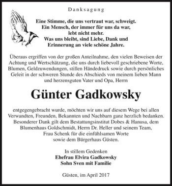 Traueranzeige von Günter Gadkowsky  von Magdeburger Volksstimme