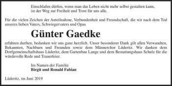 Traueranzeige von Günter Gaedke  von Magdeburger Volksstimme