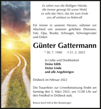 Traueranzeige von Günter Gattermann  von Magdeburger Volksstimme