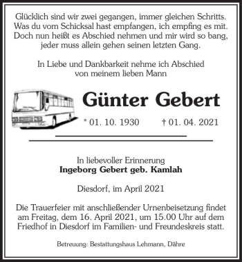 Traueranzeige von Günter Gebert  von Magdeburger Volksstimme