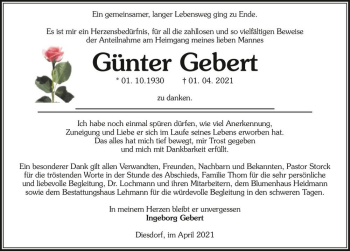 Traueranzeige von Günter Gebert  von Magdeburger Volksstimme