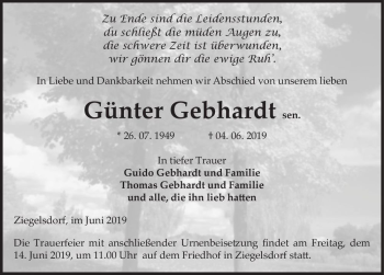 Traueranzeige von Günter Gebhardt  von Magdeburger Volksstimme