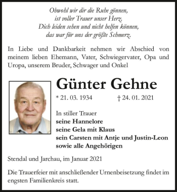 Traueranzeige von Günter Gehne  von Magdeburger Volksstimme